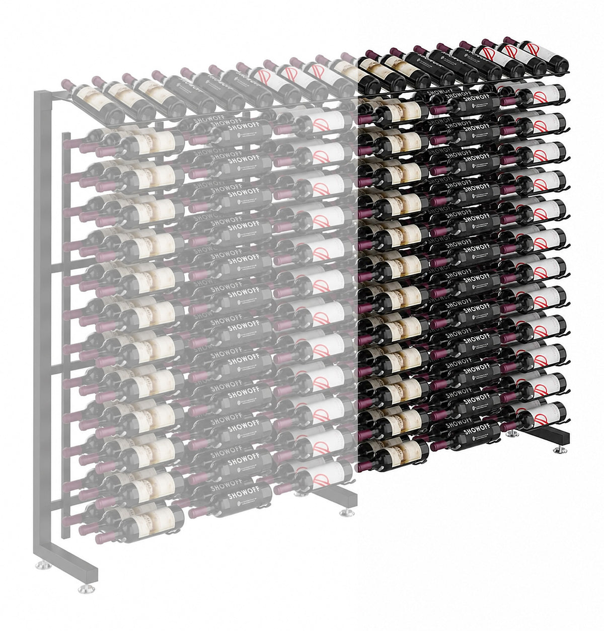 Wine rack extension with dense bottle rows and metal side frame, studio view