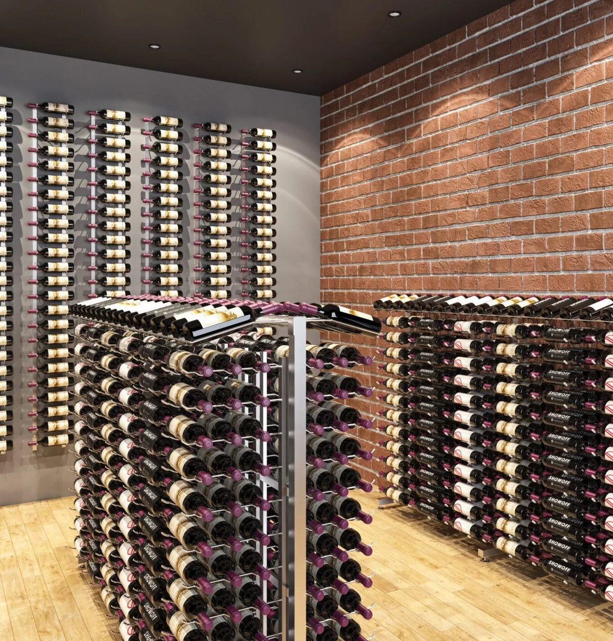 Wine rack extension with bottle slots on a metal frame, angled view