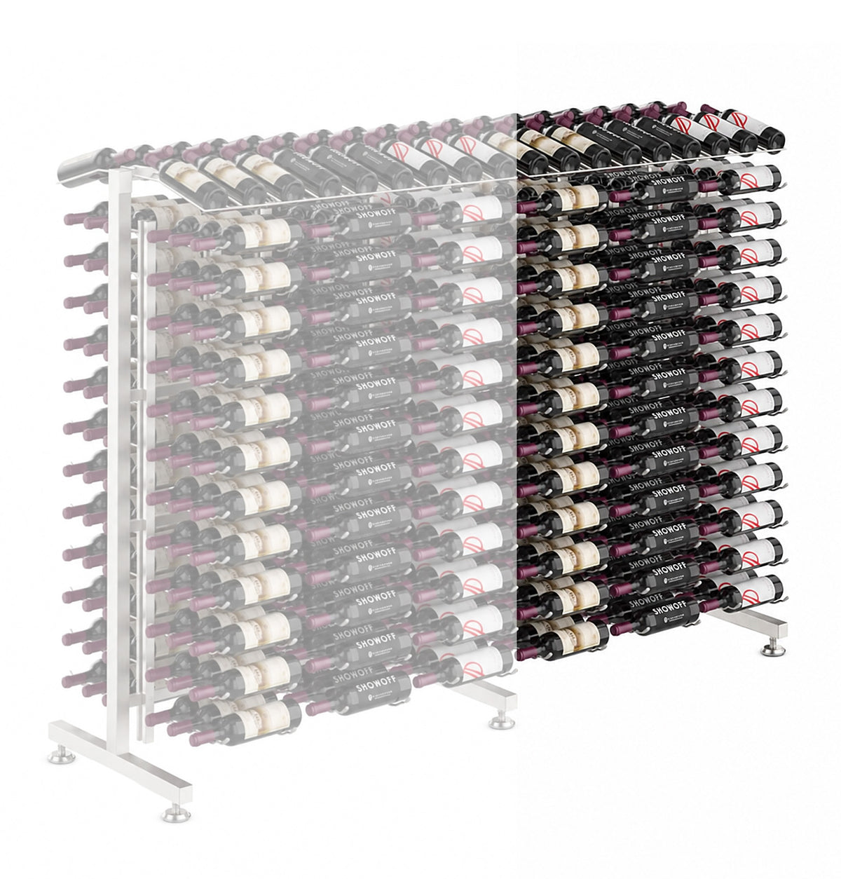 Wine rack extension with left-side bottle slots and right bottle rows, light gray frame
