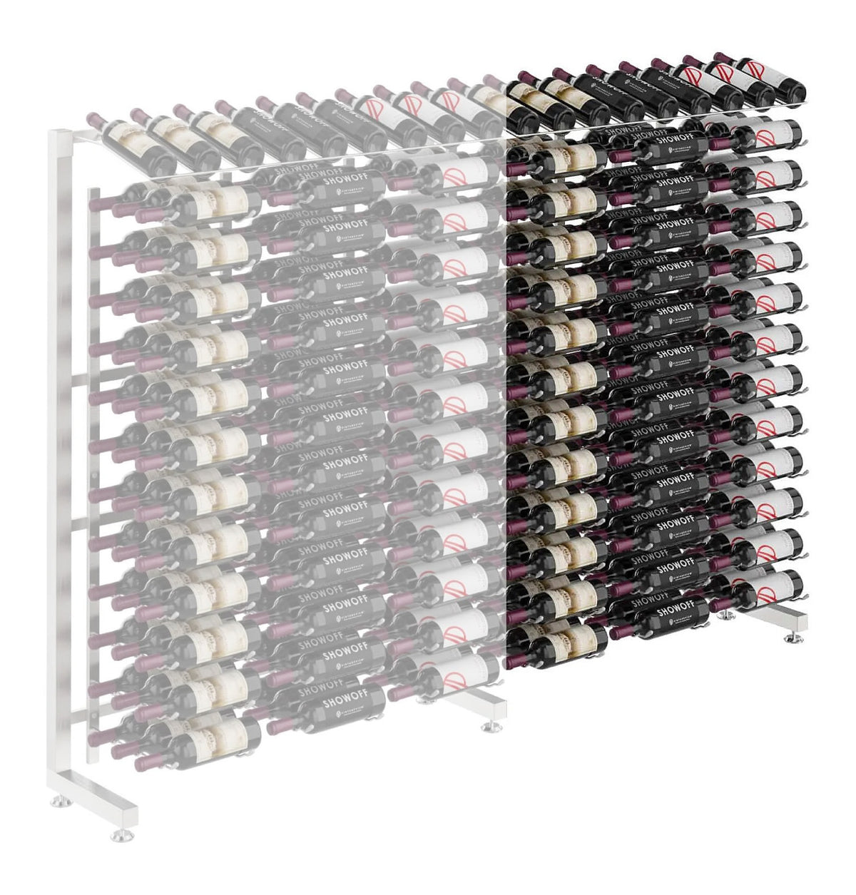 Wine rack extension with dense bottle rows and a light gray frame