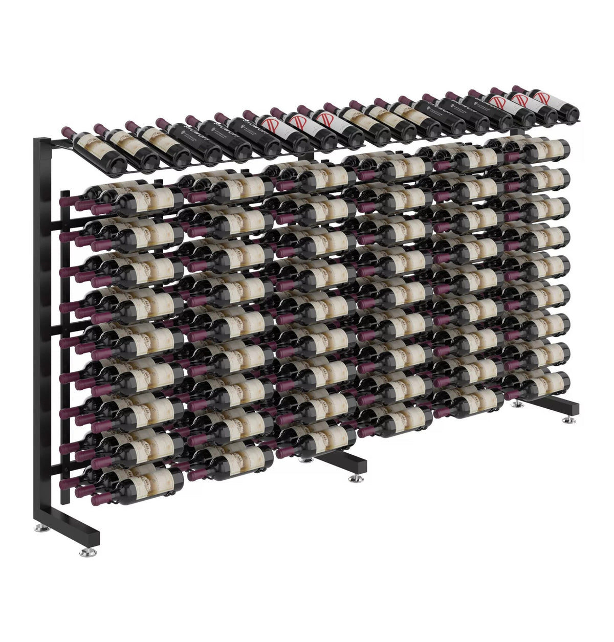 Wine bottle display rack with black frame and many bottles on angled wire slots