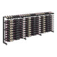 Wine bottle display rack with black frame and neatly arranged bottles in wire holders