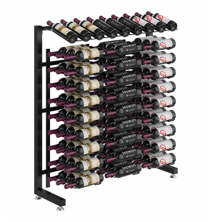 Single-sided wine rack with dark frame and multiple rows of wine bottles