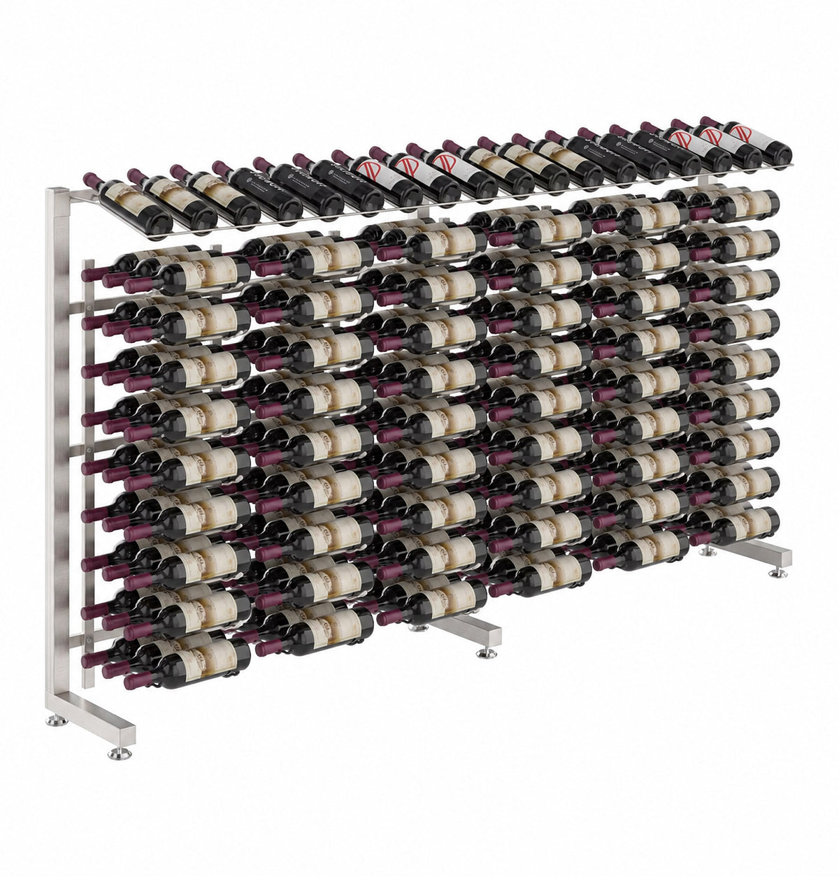 3-foot single-sided bottle display rack with metal frame and multiple rows of wine bottles