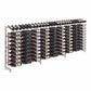 Wine bottle display rack with black frame and front rows of bottles on angled pegs