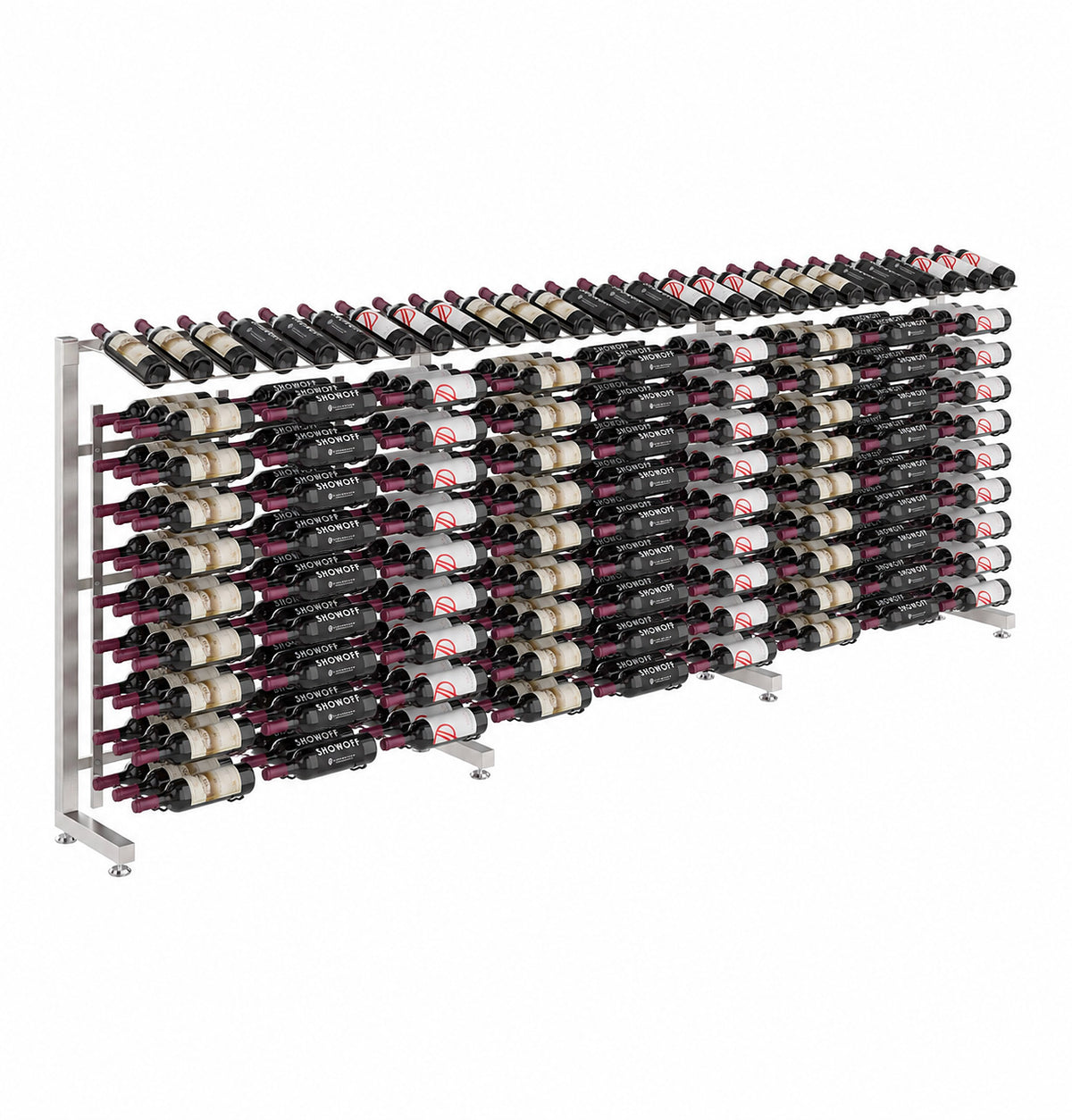 Wine bottle display rack with black frame and front rows of bottles on angled pegs