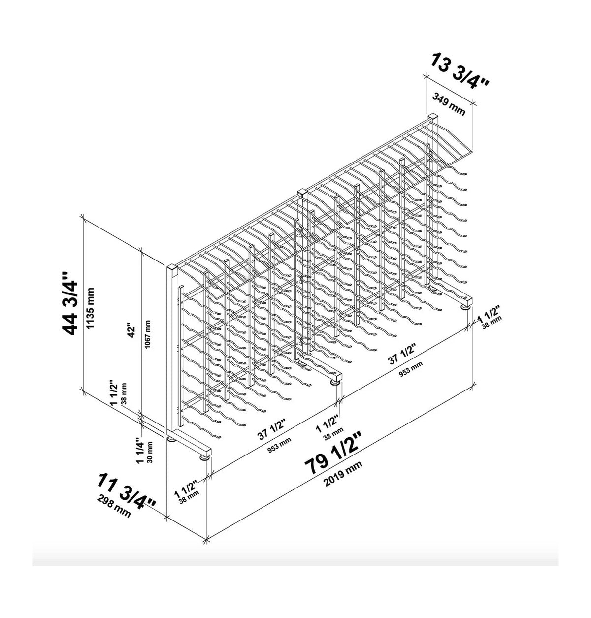 Wine bottle display rack wire frame with 3ft-style length and depth measurements