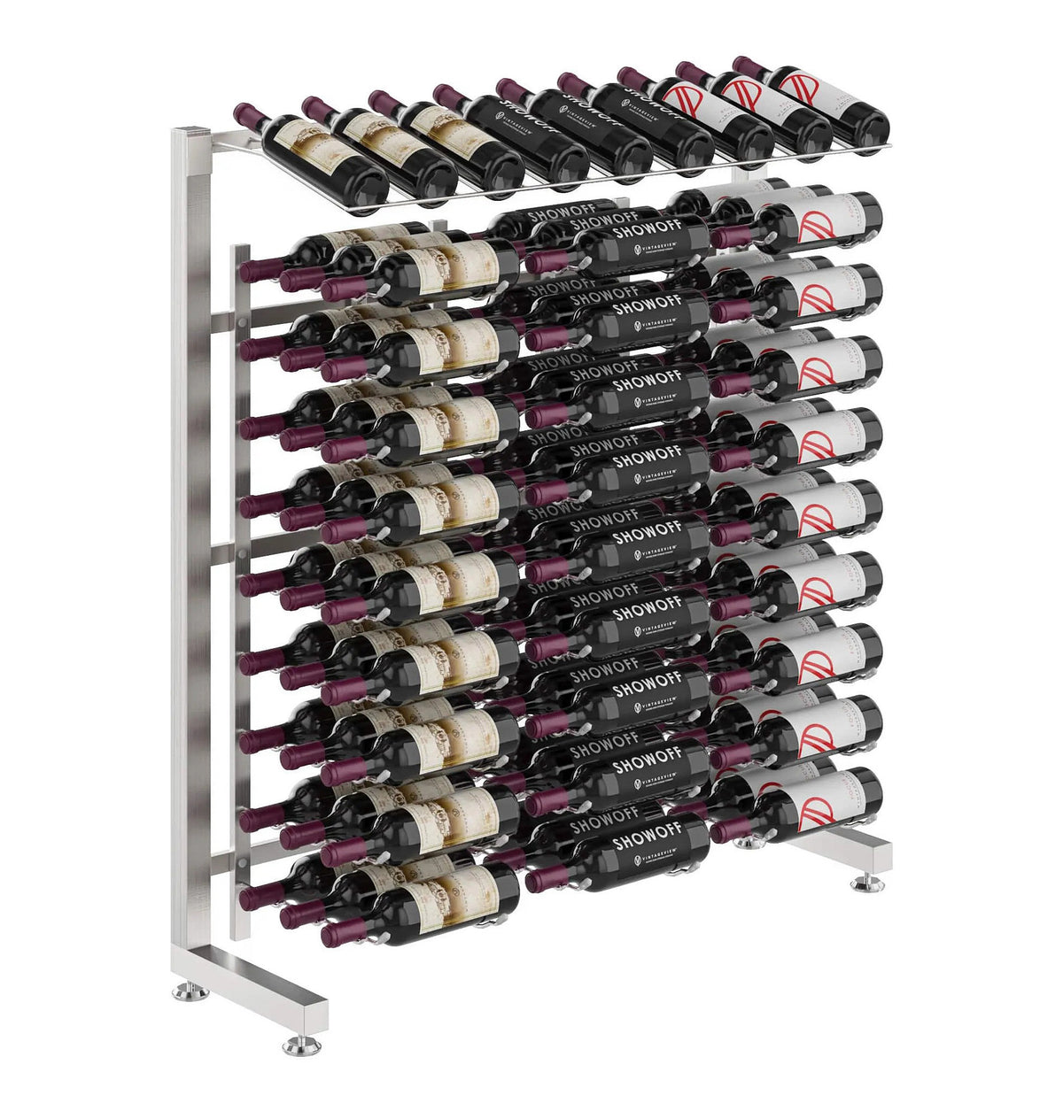 Single-sided wine rack with silver frame and multiple rows of wine bottles