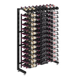 Single-sided wine display rack with bottles on black metal uprights and shelves.