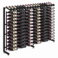 Single-sided wine rack with bottle rows on a dark frame, angled display view.