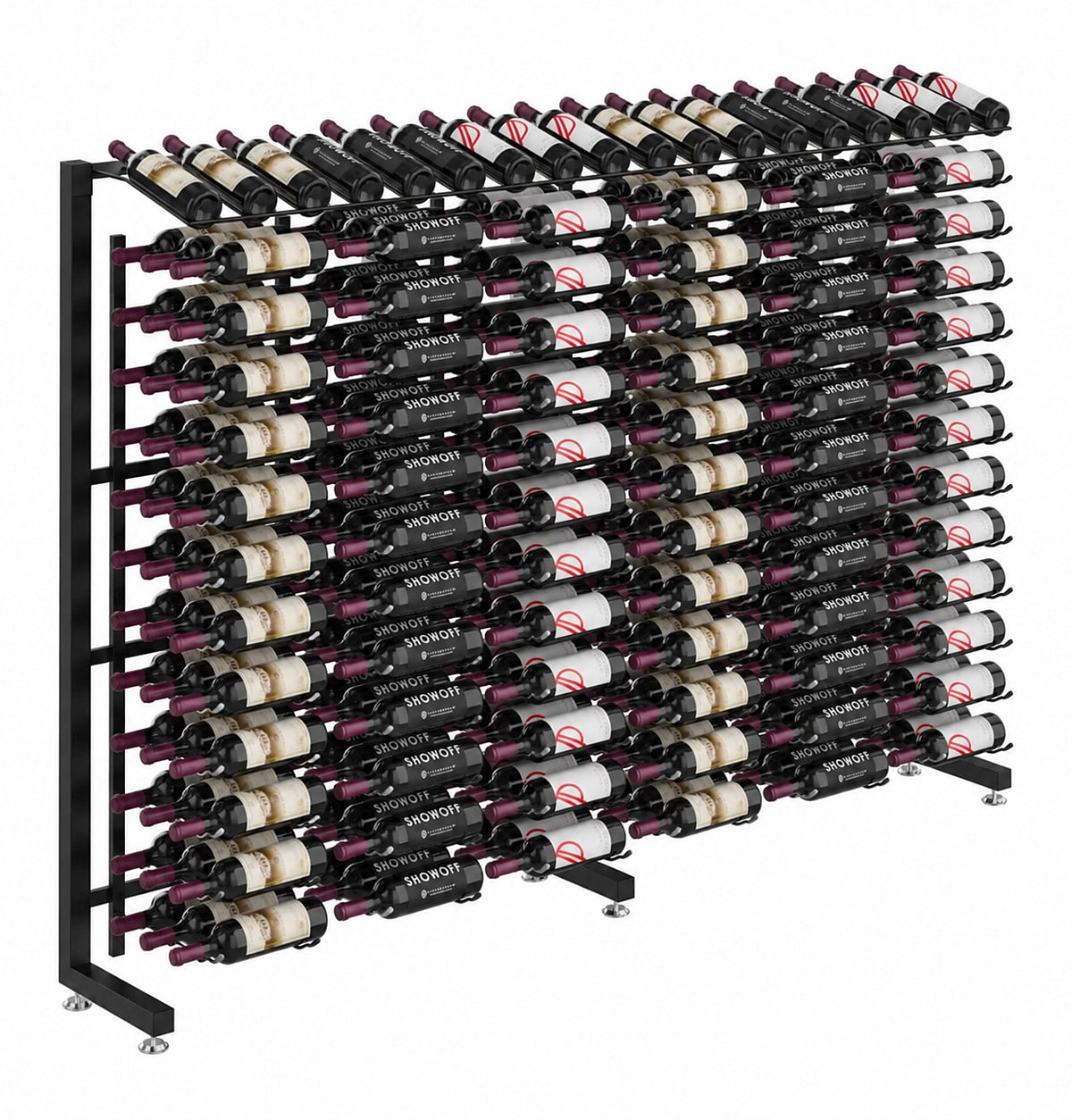 Single-sided wine rack with bottle rows on a dark frame, angled display view.