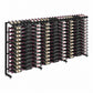Single-sided wine display rack with rows of bottles on a black frame, front corner view.
