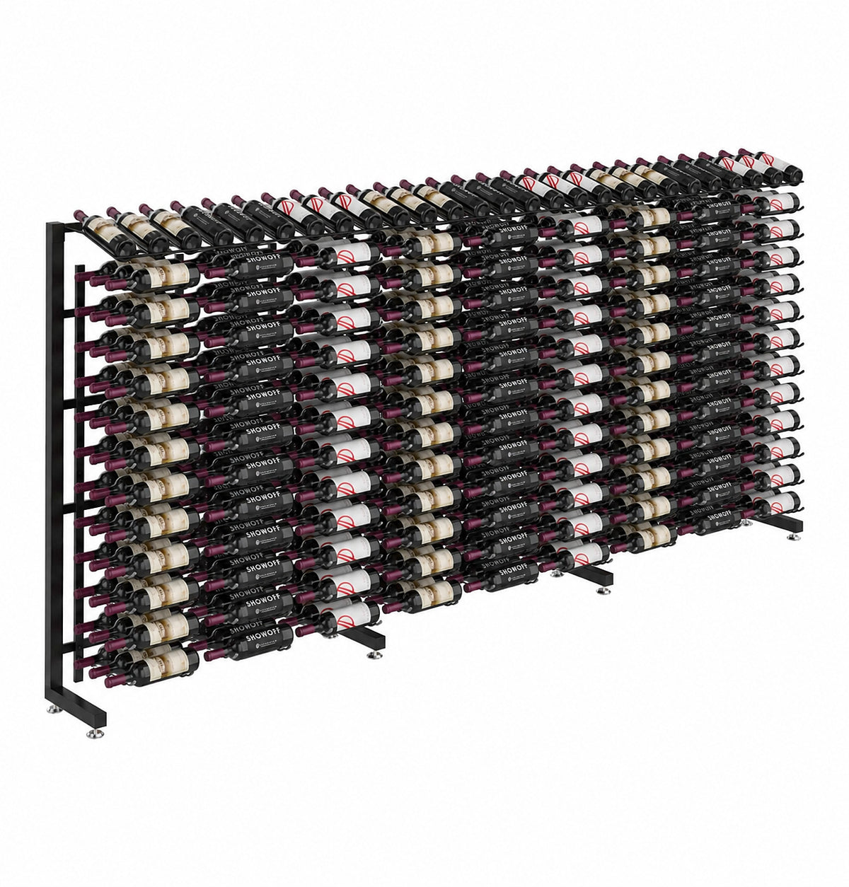 Single-sided wine display rack with rows of bottles on a black frame, front corner view.