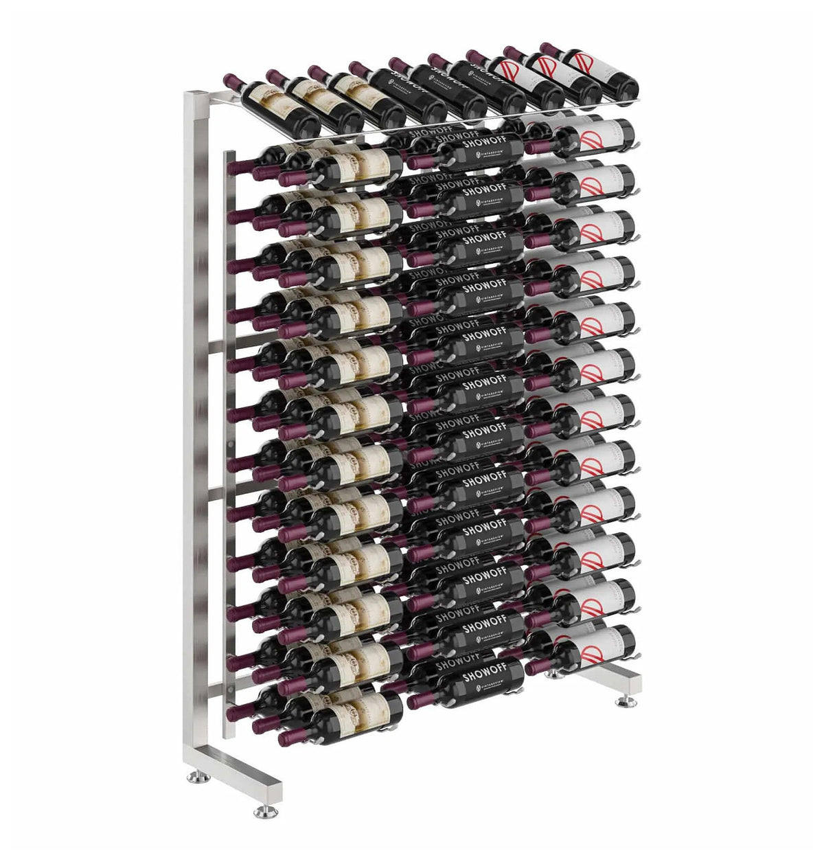Single-sided wine rack with bottle rows on a silver frame, angled front view.