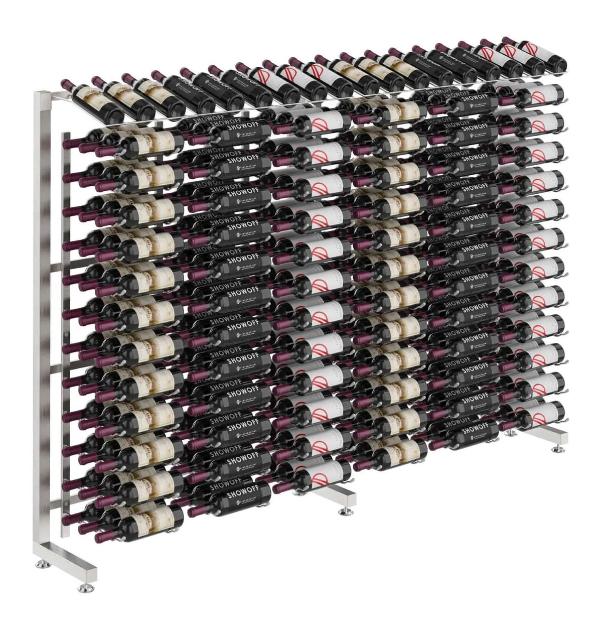 Single-sided wine display rack with bottles mounted in a white metal frame.