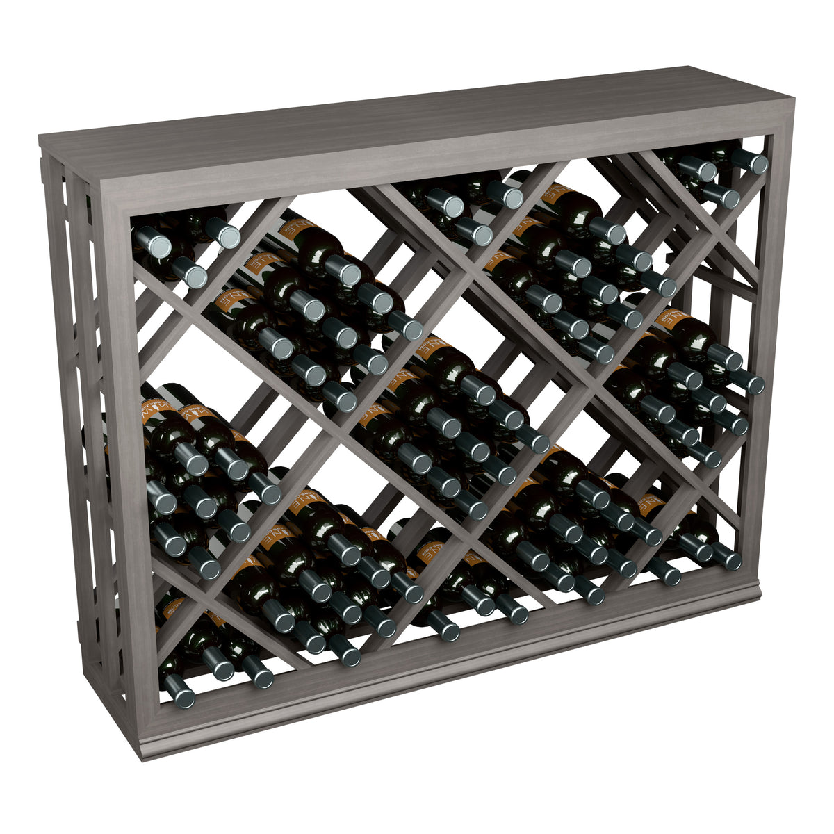 Half-height wine bottle rack with diamond lattice, holding bottles, gray wood frame.