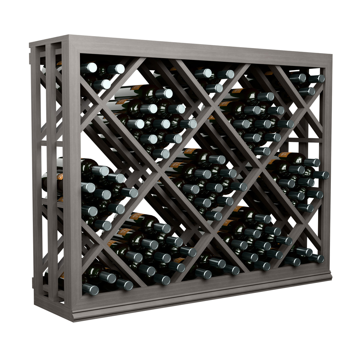 Half-height wine bottle rack with diamond lattice, bottle rows, gray wood frame.