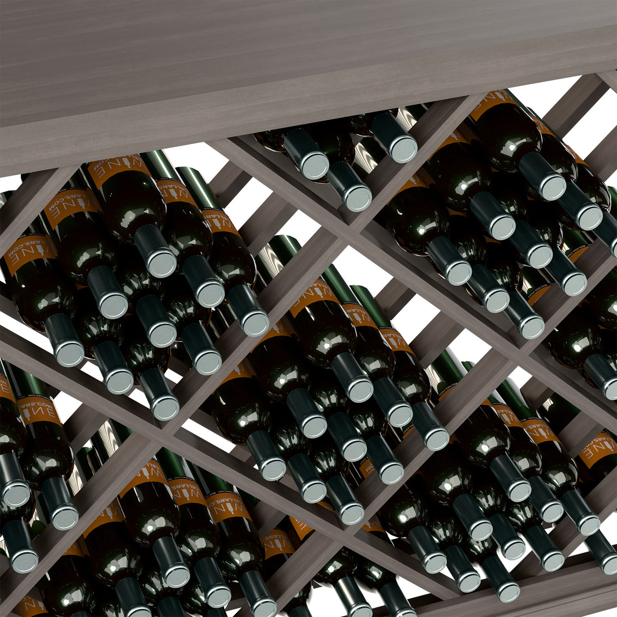Close-up of wine bottle rack with diamond lattice and bottle neck holders, gray frame.