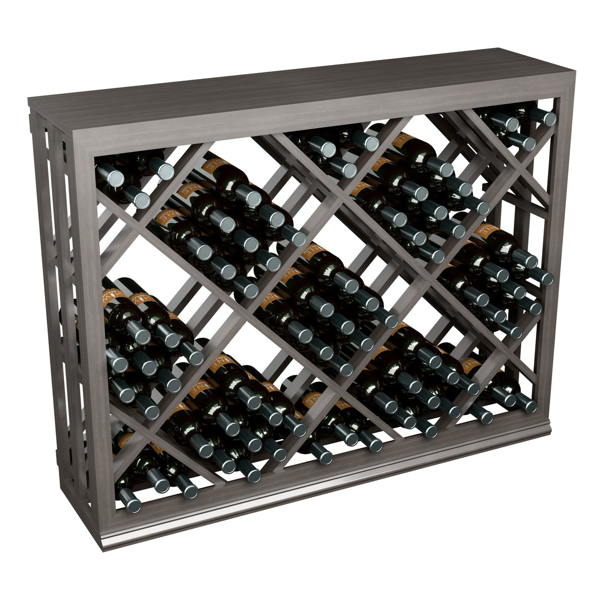 Half-height wine bottle rack with diamond lattice, multiple bottle rows, gray wood frame.