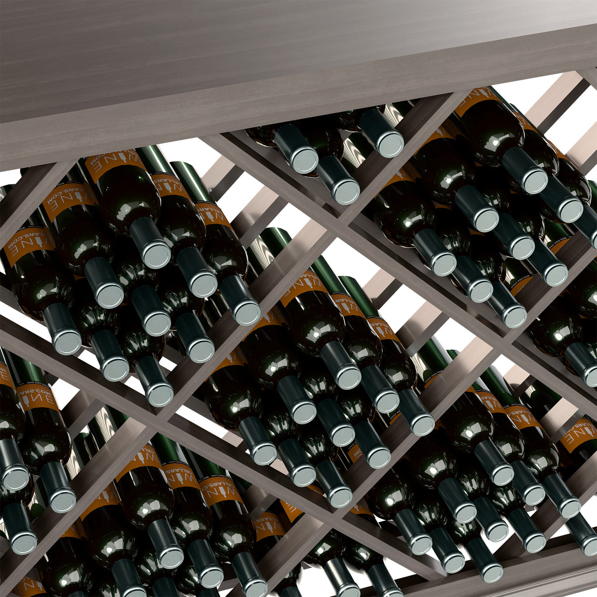 Close-up of diamond lattice wine rack with bottles in angled slots, gray wood.