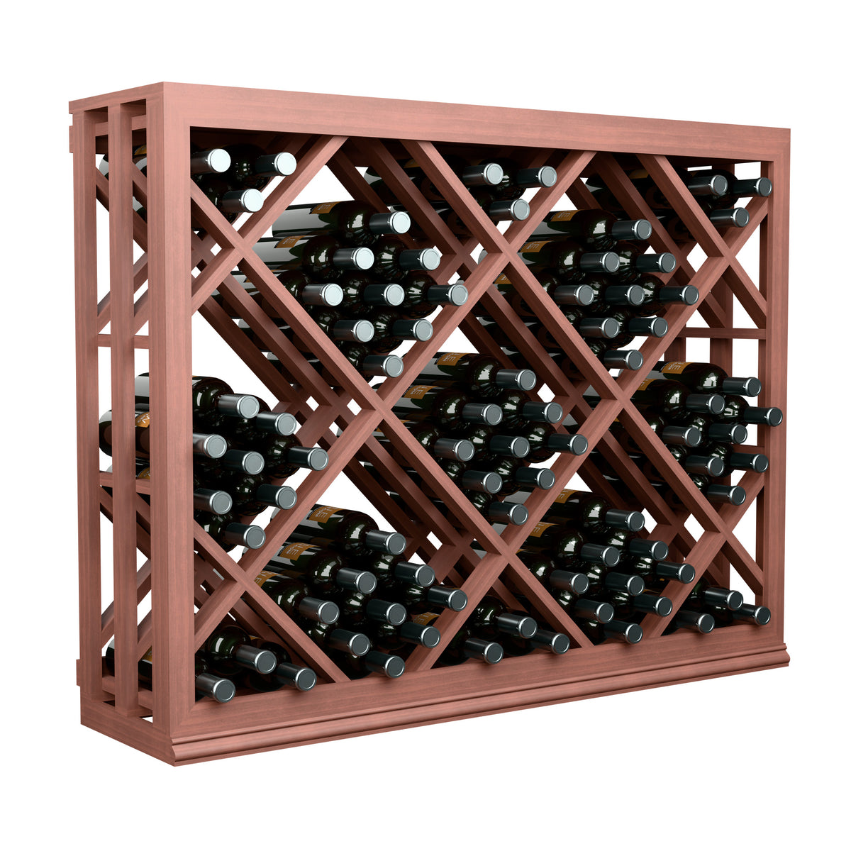 Half-height wine bottle rack with diamond lattice, bottle rows, red-stained wood frame.