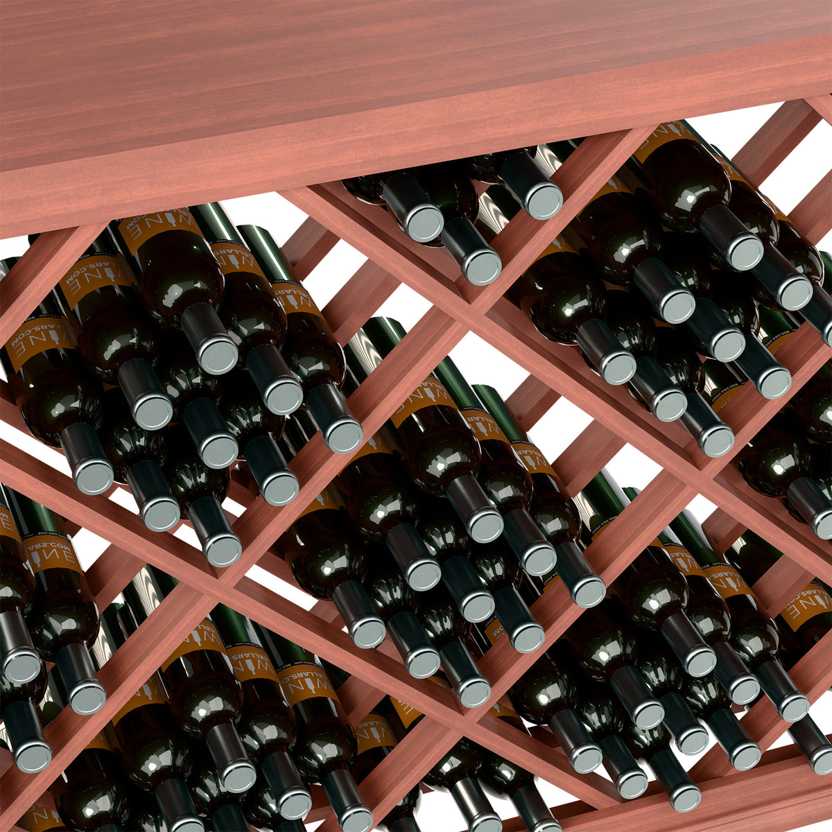 Close-up of diamond lattice wine rack with bottles in angled slots, red wood frame.
