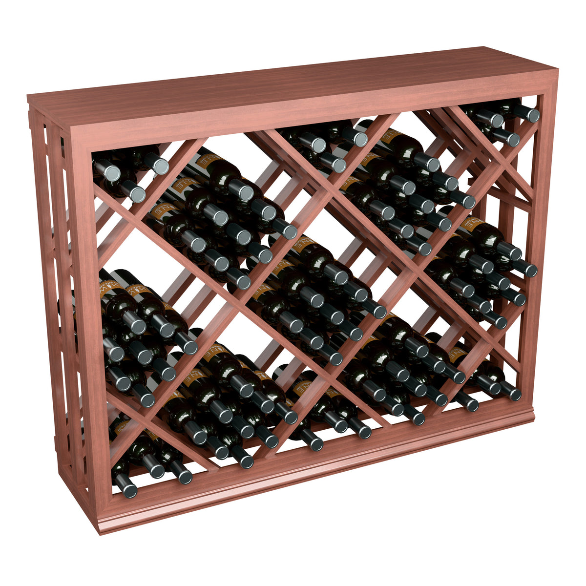 Half-height wine bottle rack with diamond lattice, multiple bottle rows, red-stained wood frame.