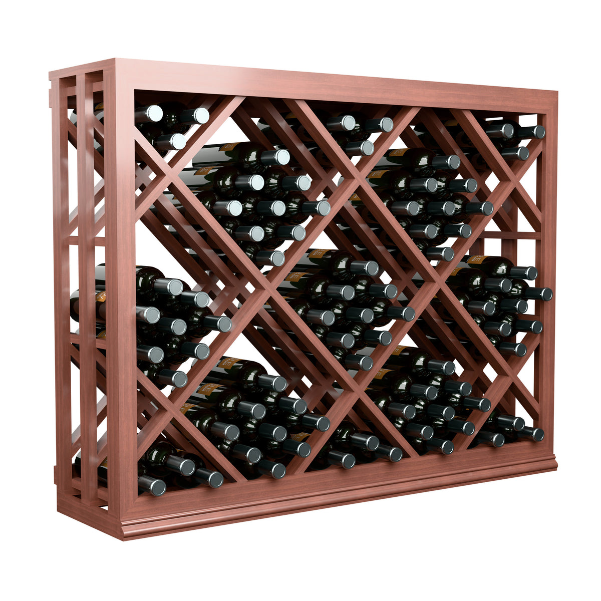 Half-height lattice diamond wine bin, dark reddish-brown wood, open front bottle slots