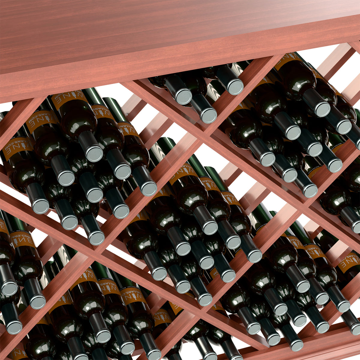 Half-height lattice diamond wine bin close-up, reddish wood lattice holding wine bottles