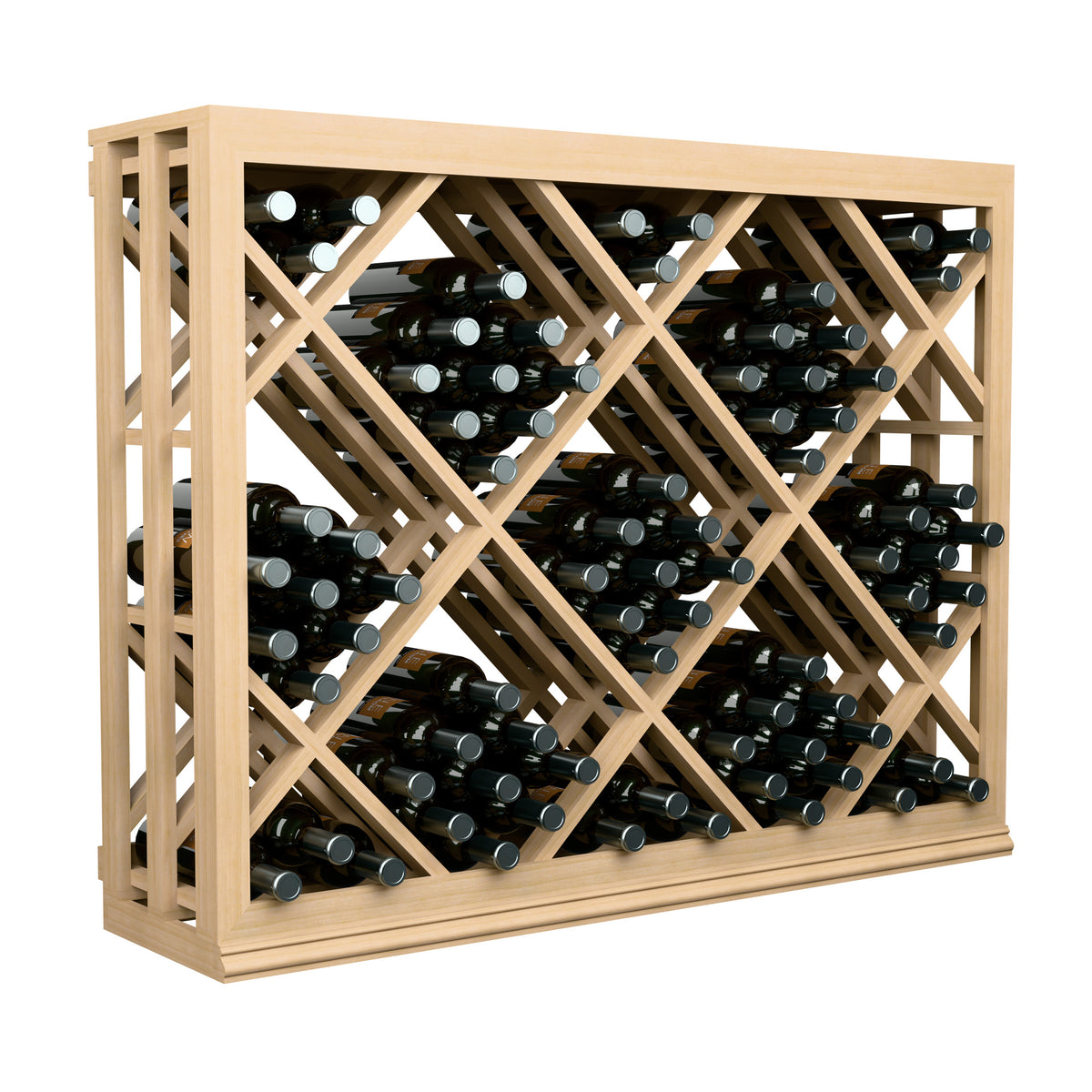 Half-height lattice diamond wine bin, light wood lattice, front view with wine bottle holders