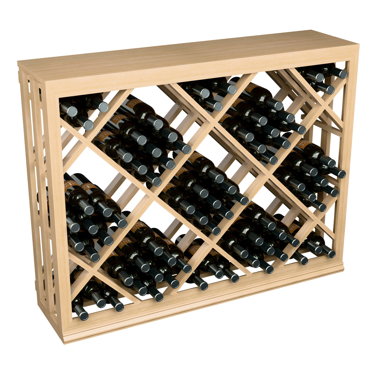 Half-height lattice diamond wine bin, light wood, angled view showing bottle slots