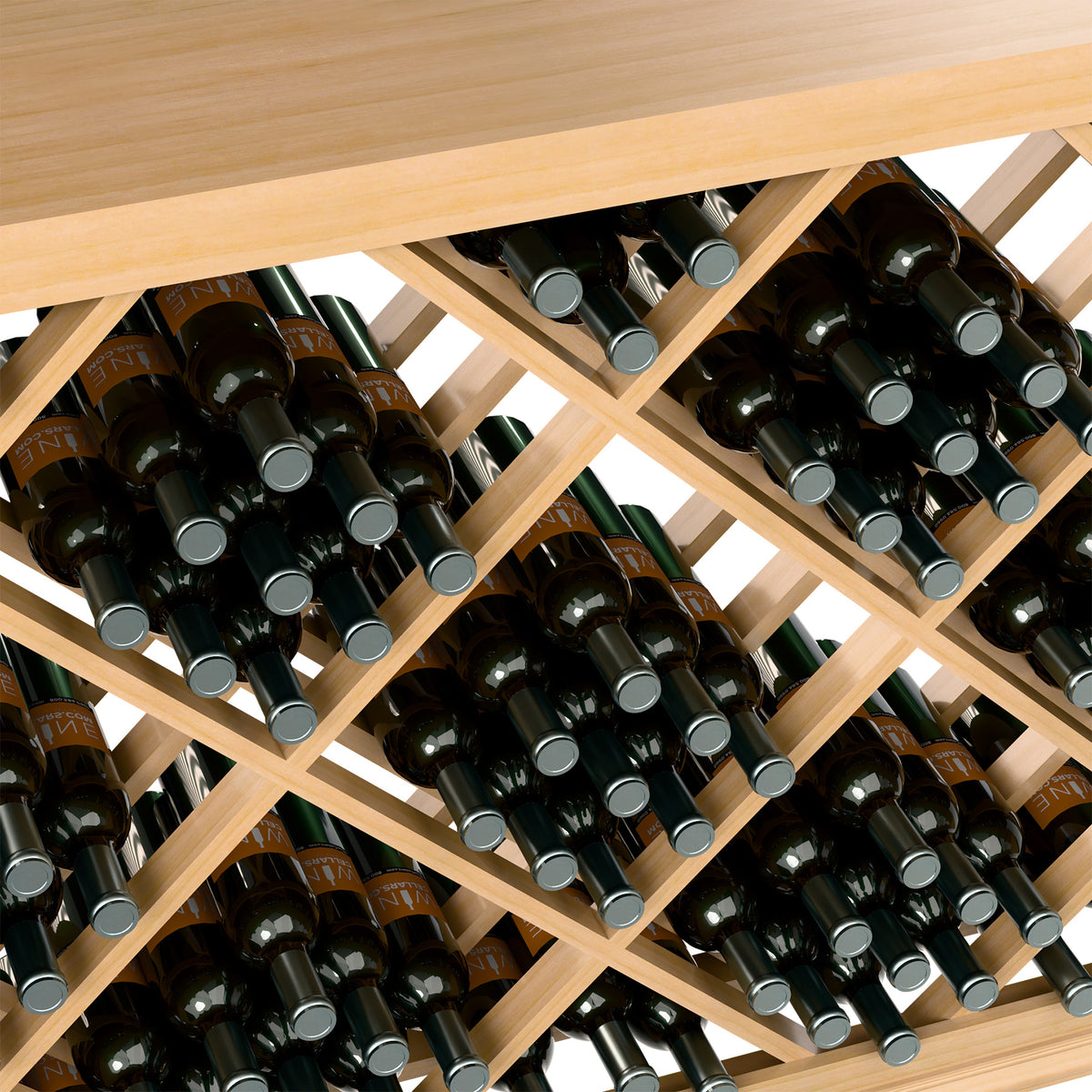Half-height lattice diamond wine bin close-up, light wood crisscross holding wine bottles