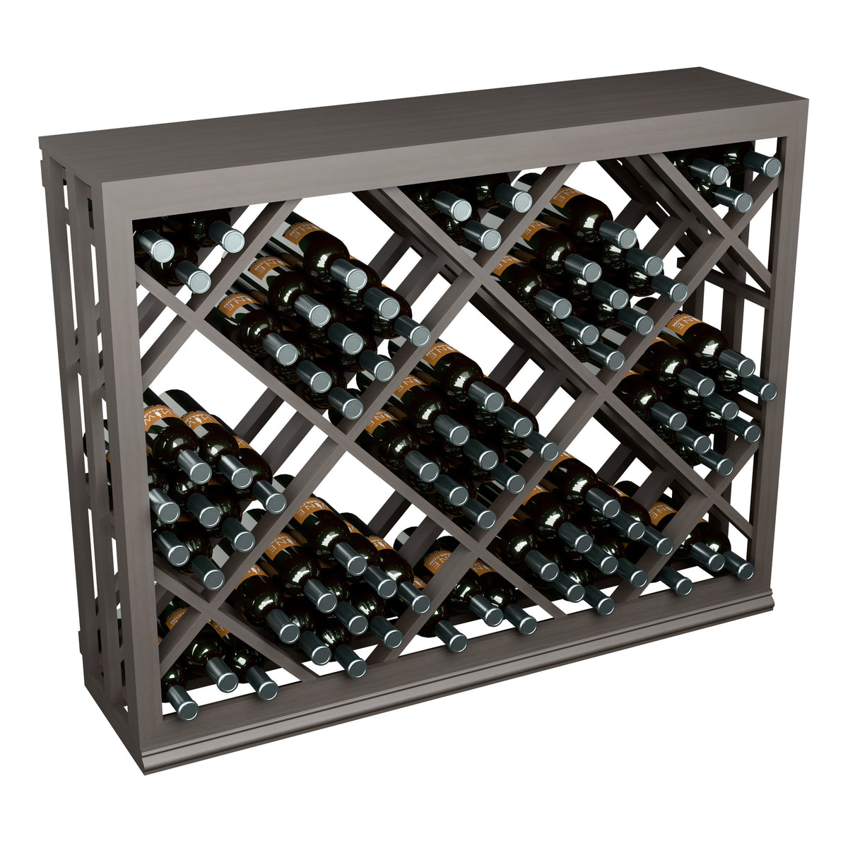 Half-height wine bottle rack with diamond lattice dividers and stocked bottles