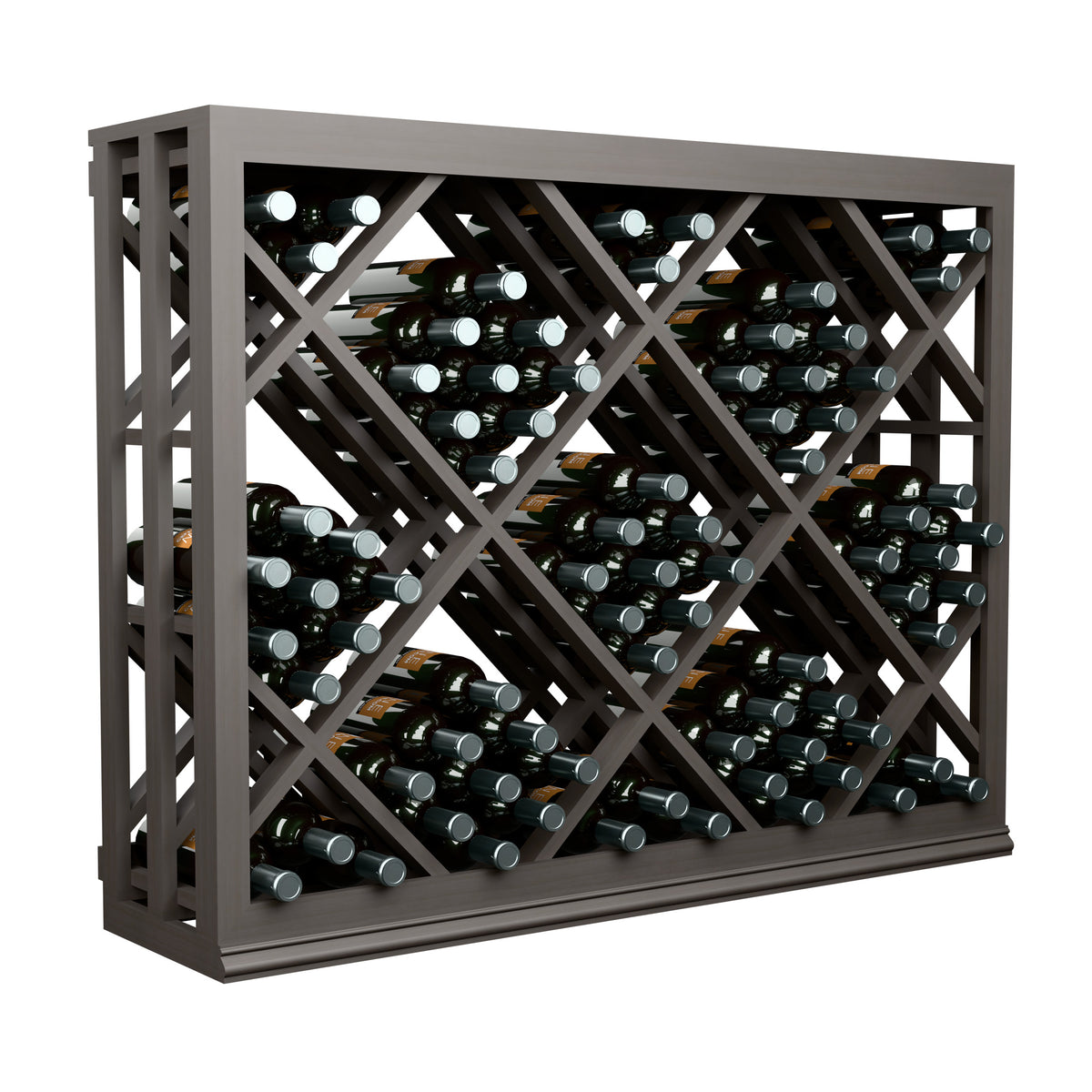 Half-height wine bottle rack with diamond lattice pattern, front view with bottles