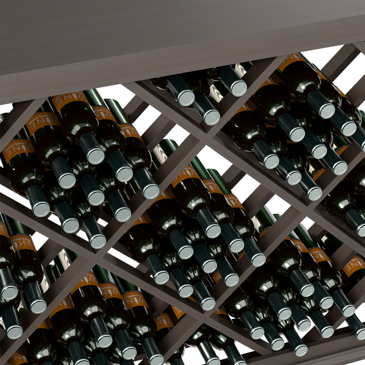 Half-height wine bottle rack close-up of diamond lattice bottle slots