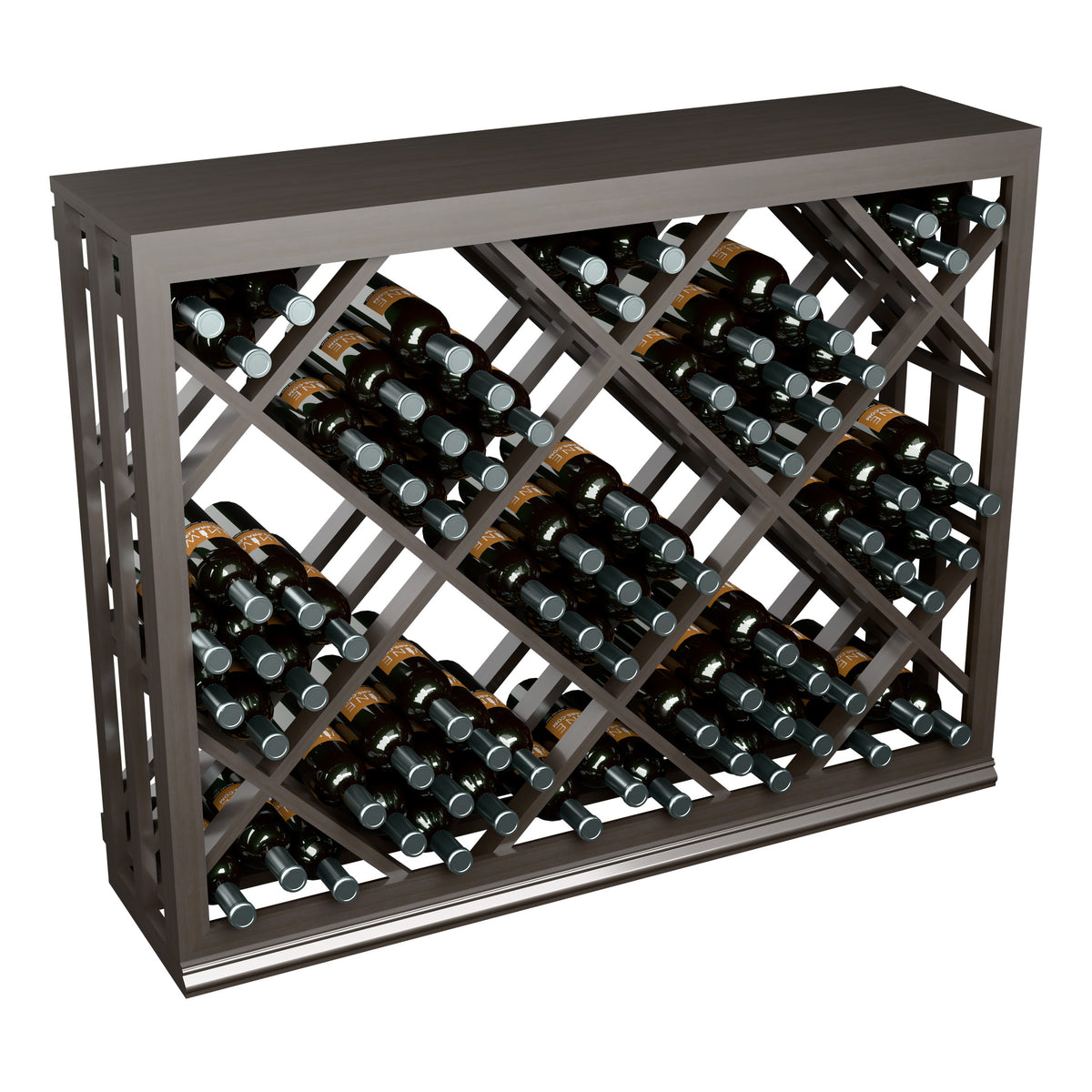 Half-height wine bottle rack with diamond lattice frame and multiple bottle rows