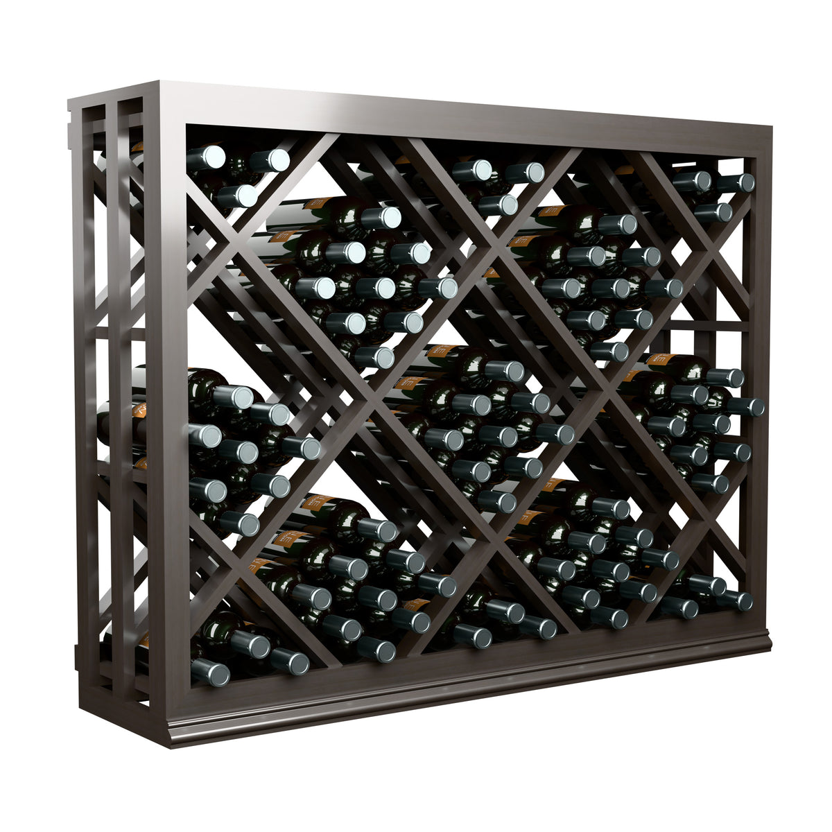 Half-height wine bottle rack with diamond lattice dividers, filled bottle storage
