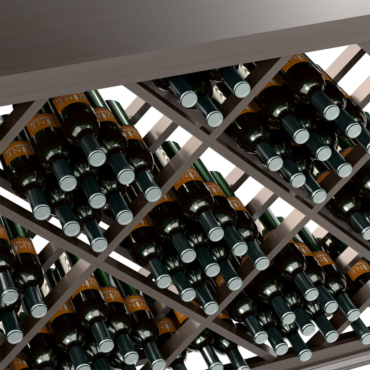 Half-height wine bottle rack close-up showing diamond lattice and bottle neck openings