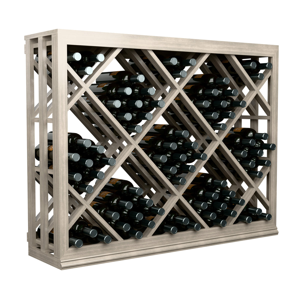 Half-height wine bin with diamond lattice frame and black wine bottles, angled front view, light wood