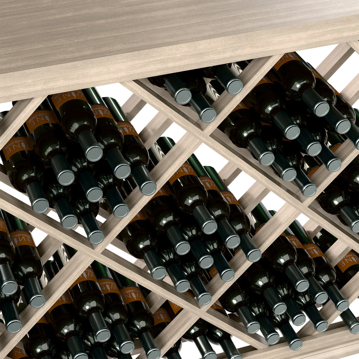 Half-height wine bin close-up of diamond lattice holding black wine bottles, light wood