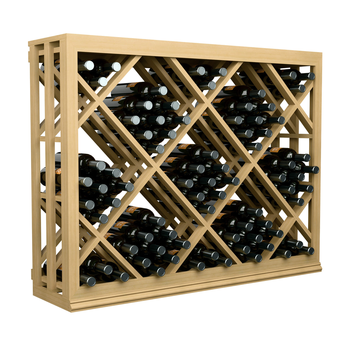 Half-height wine bin with diamond lattice frame and black wine bottles, front view, natural wood