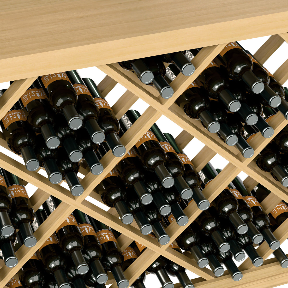 Half-height wine bin close-up: diamond lattice slots holding black wine bottles, natural wood