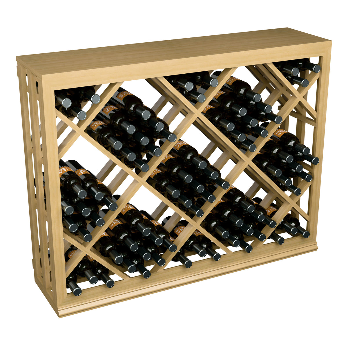 Half-height wine bin with diamond lattice frame and black wine bottles, three-quarter view, natural wood