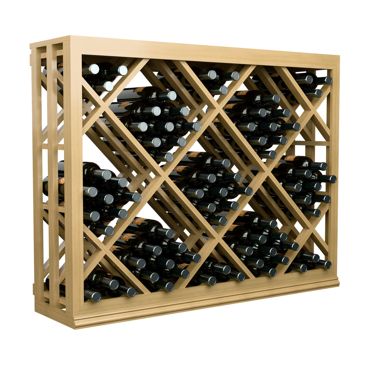 Half-height lattice diamond wine bin, natural wood frame with crisscross bottle slots