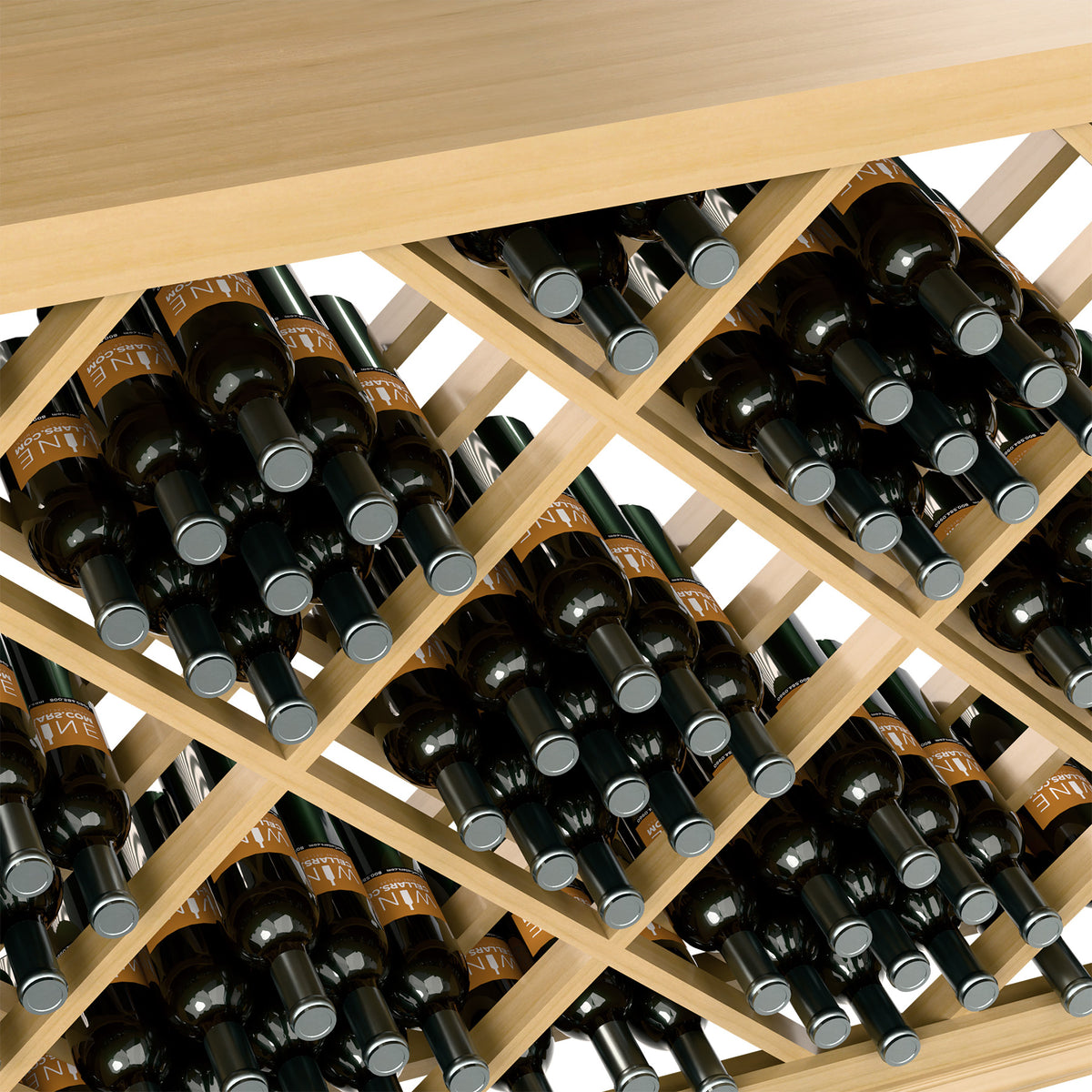 Natural half-height wine bin close-up, lattice bottle slots holding dark glass bottles