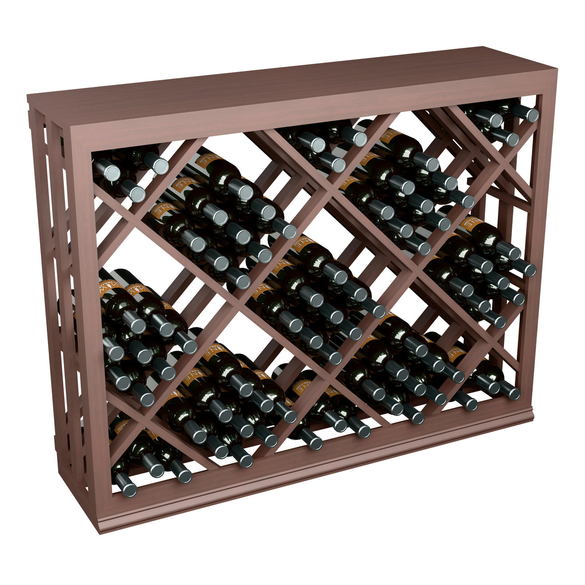 Half-height lattice diamond wine bin, dark wood frame with crisscross bottle slots