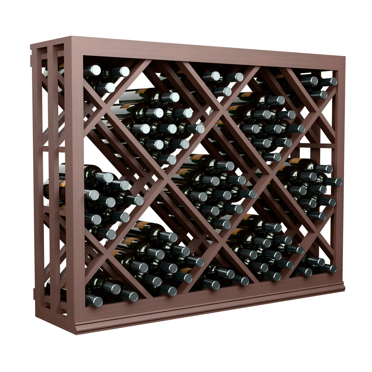 Half-height lattice diamond wine bin, dark finish wood frame with bottle-holding lattice