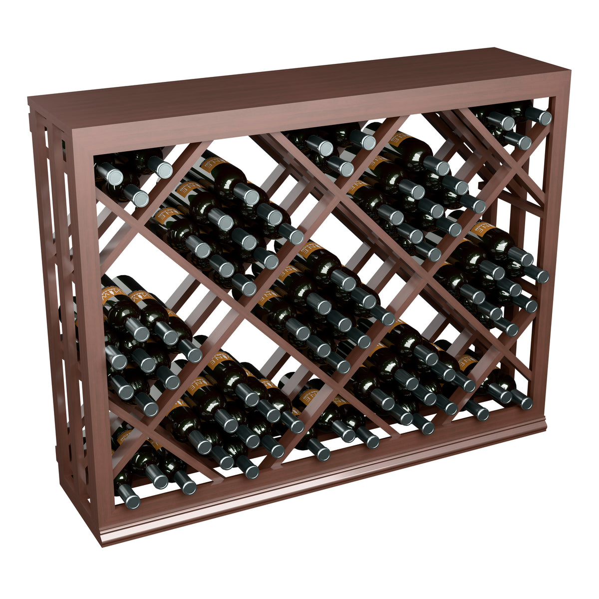 Half-height lattice diamond wine bin, dark wood rack holding wine bottles in crisscross slots