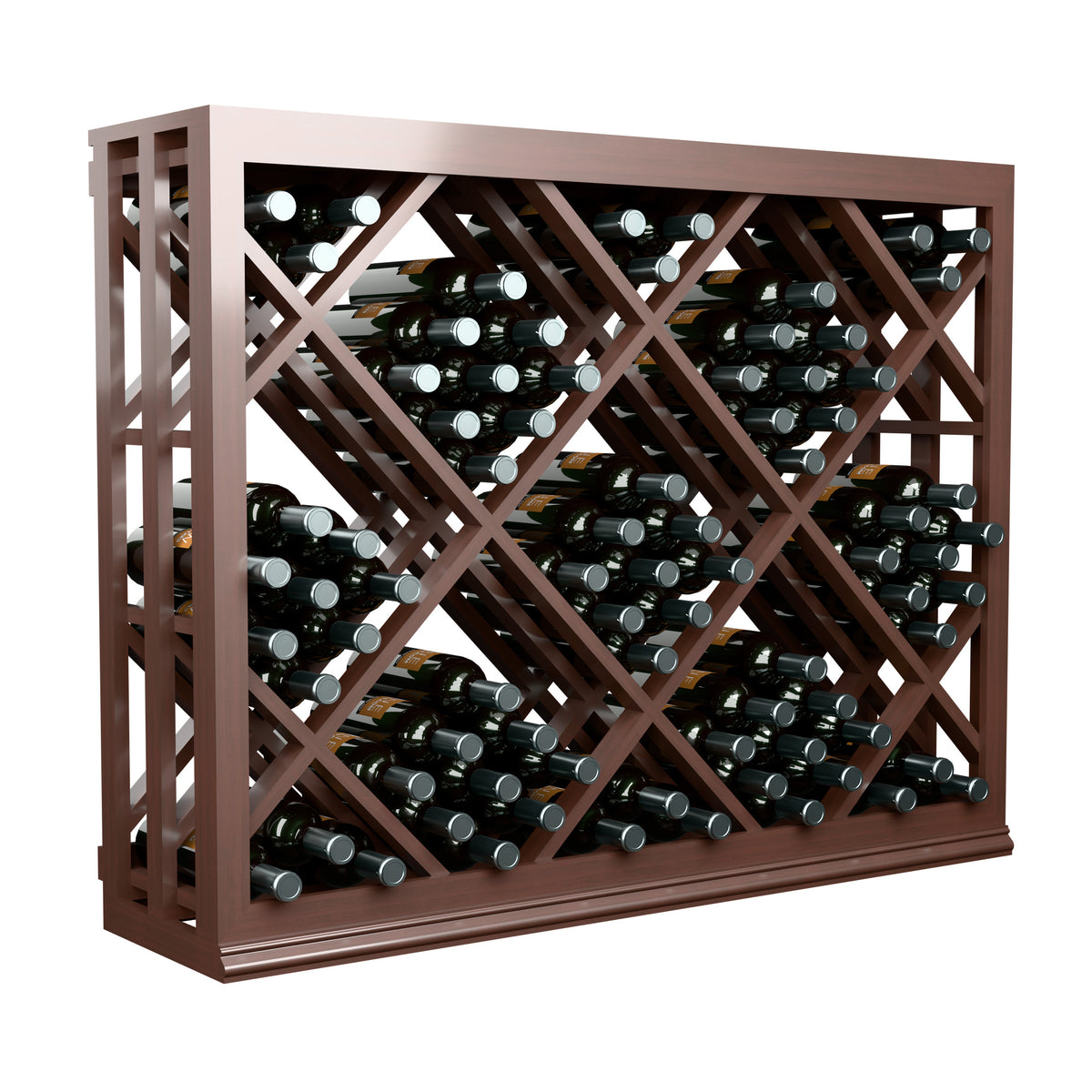 Half-height lattice diamond wine bin, dark wood frame with open front and bottle lattice