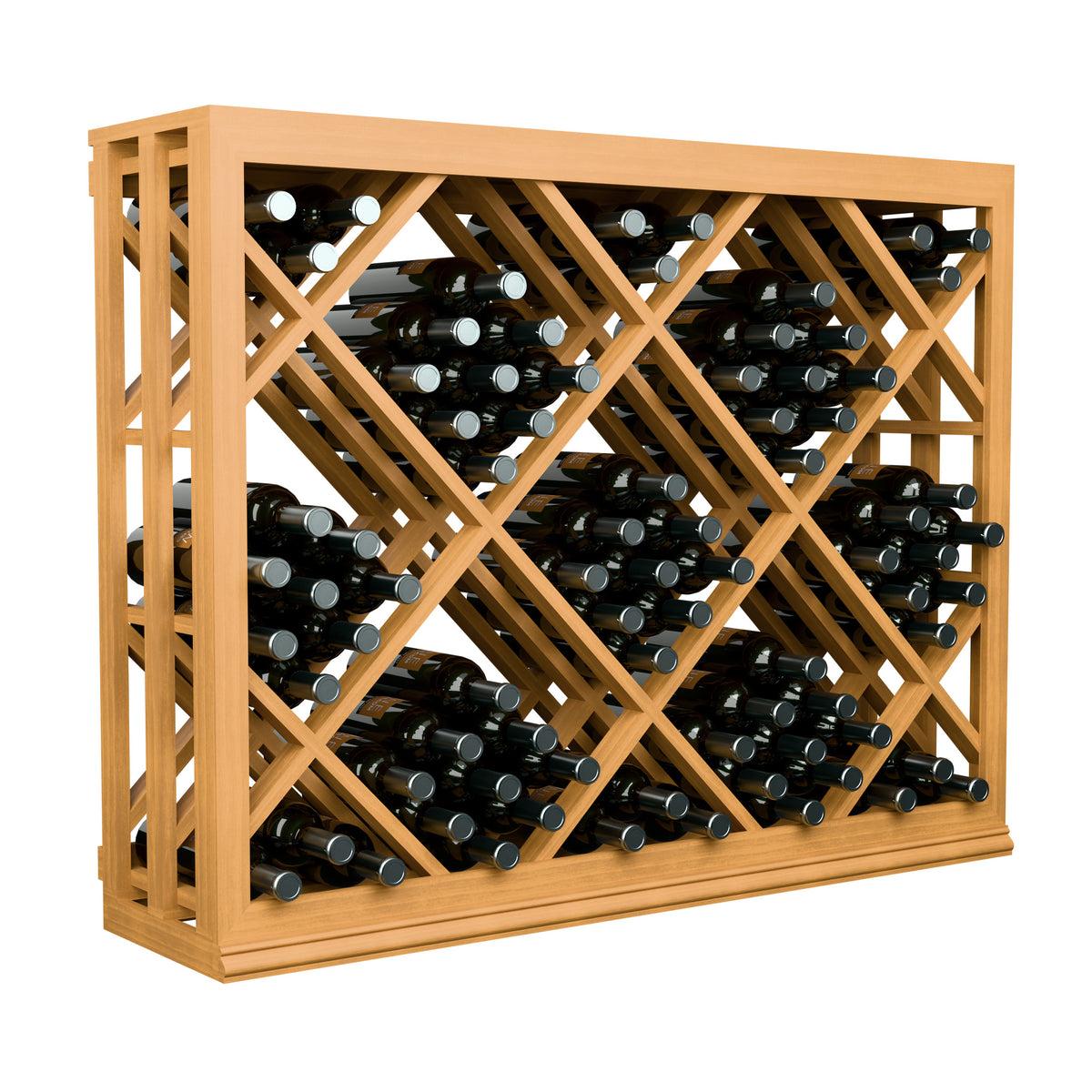 Half-height lattice diamond wine bin, natural wood frame with open lattice for wine bottles